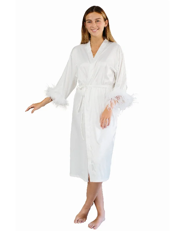 Comfortable women's robes for relaxing at home-Long Feather Trim Satin Robe