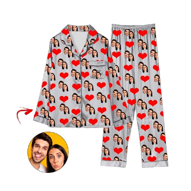 Fun matching mother and kid same suit for adventures-Custom Photo Satin Pajamas Heart Happy You And Me Grey