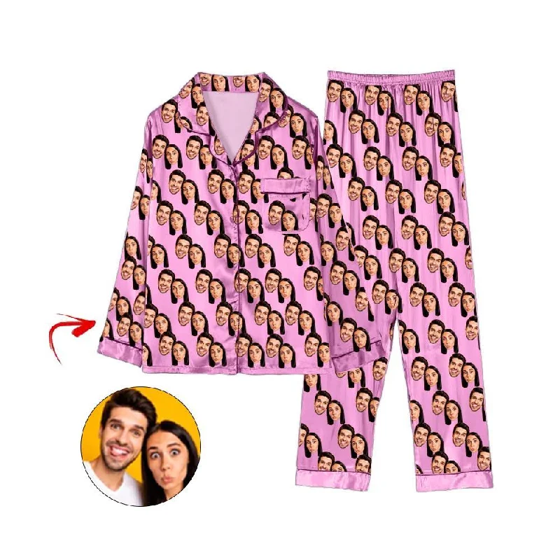 Mother and kid same suit for birthday parties-Custom Photo Satin Pajamas Happy You And Me Pink