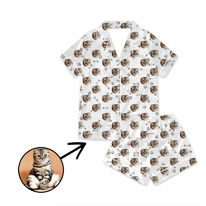 Cute matching mother and kid same suit for special events-Custom Photo Satin Pajamas I Love My Cat For Summer Cute matching mother and kid same suit for special events-Custom Photo Satin Pajamas I Love My Cat For Summer