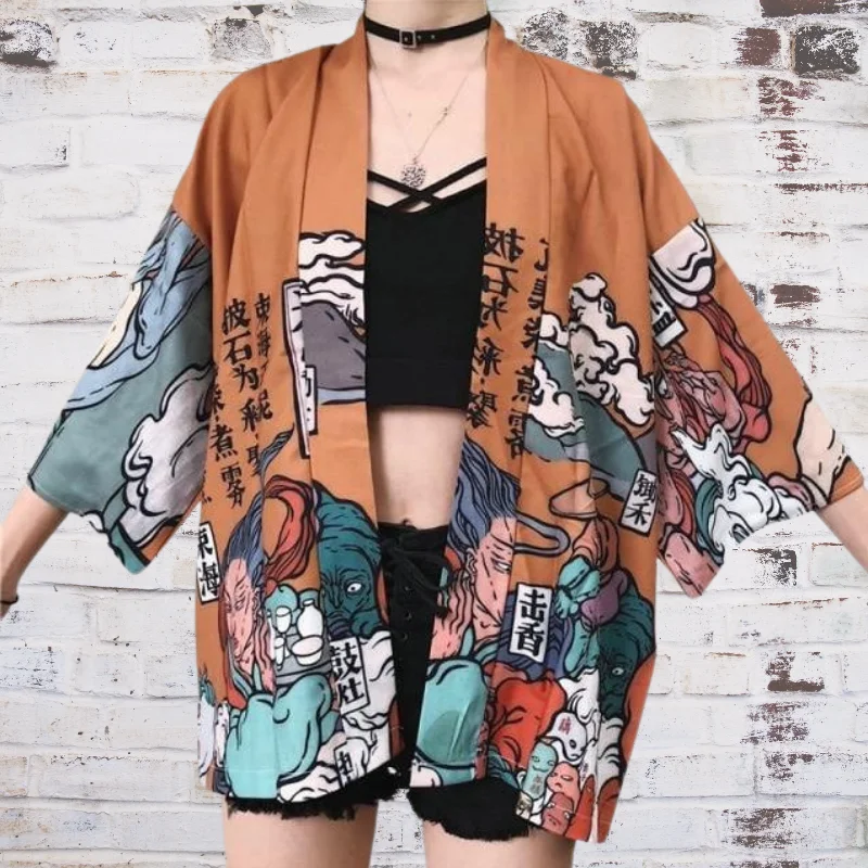 Classic women's robes for lounging around-Traditional Tattoo Style Kimono Cardigan