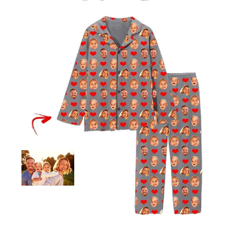Matching family outfits mother and kid same suit-Personalised Photo Pajamas Heart I Love My Family Grey