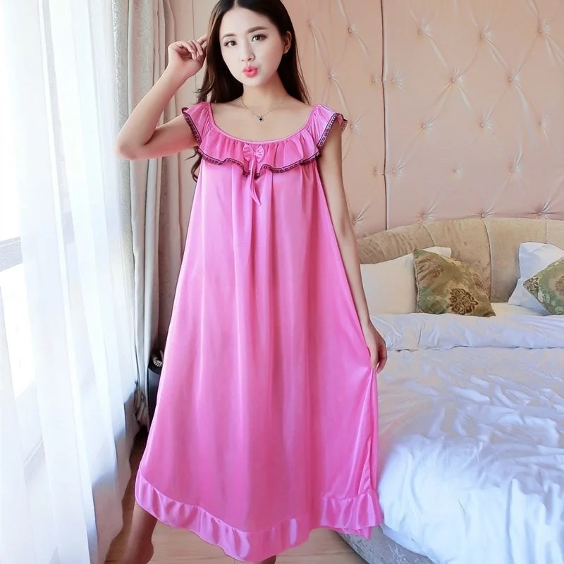 Women's robes for every occasion at home-Oversize 6XL O Neck Women Satin Nightgown Sexy Sleepwear Short Sleeve Ladies Silk Nightwear Sleep Wear Night Gown Lingerie Dress