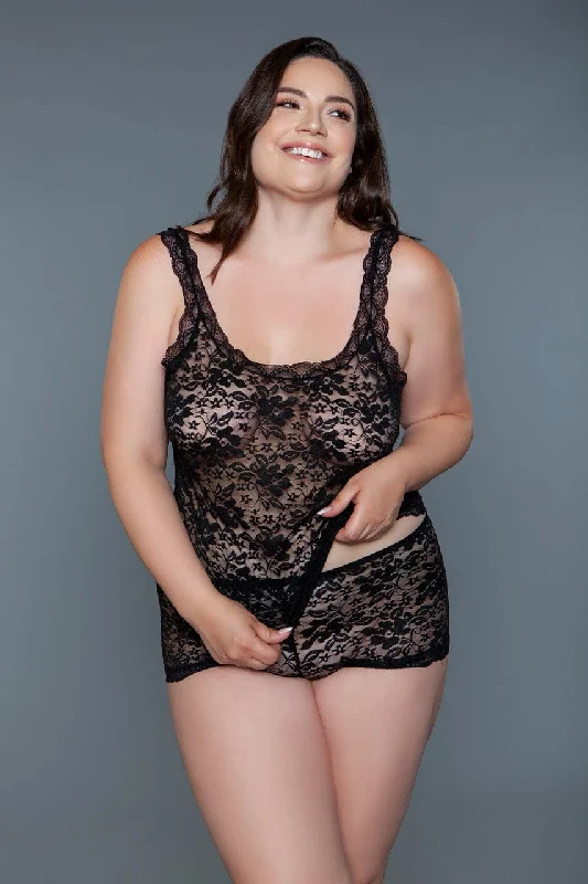 Soft satin women's sexy nightwear with smooth touch-Geovan Melina Lace Set Black