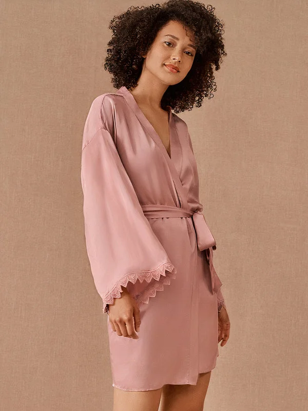 Soft and cozy women's robes for comfort-Robe de Chambre Manches Amples en Satin pour Femme "Kimono Rose"