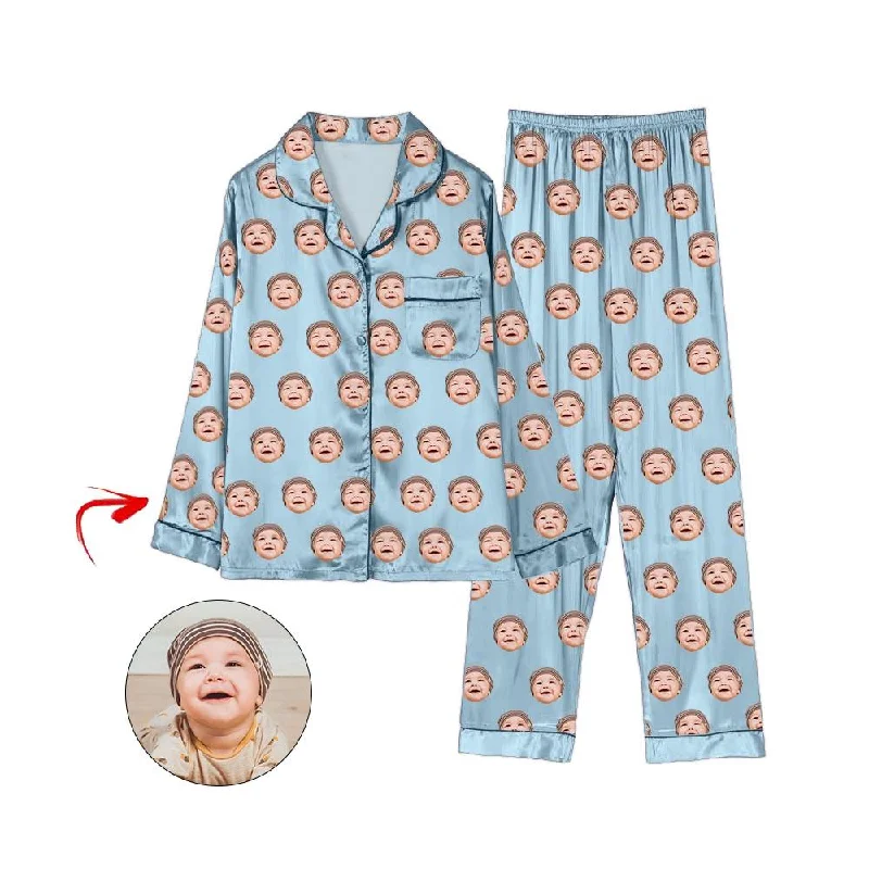 Matching mother and kid same suit for picture-perfect moments-Custom Photo Satin Pajamas I Love My Baby Light Blue Matching mother and kid same suit for picture-perfect moments-Custom Photo Satin Pajamas I Love My Baby Light Blue