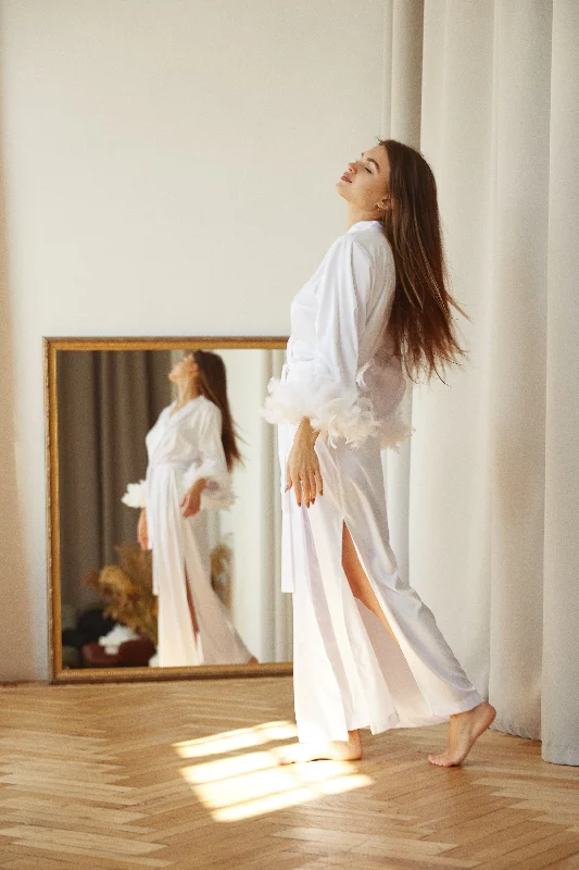 Cozy women's robes with soft, fluffy texture-Bridal robes with feather sleeves for final fiesta bachelorette party