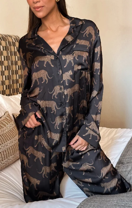 Women's pajama sets with elegant prints-Classic PJ Set ~ Black Catwalk Silky