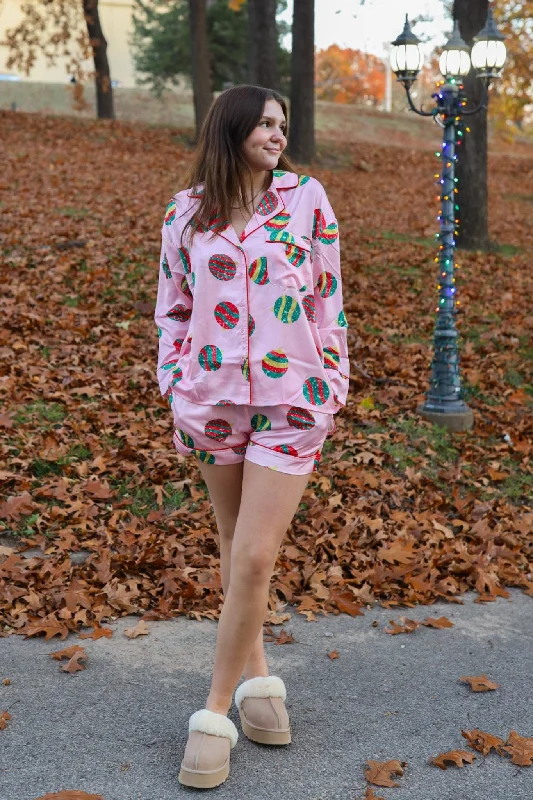 Women's pajama sets for a good rest-Christmas Ornaments Pajama Set in Pink Multi