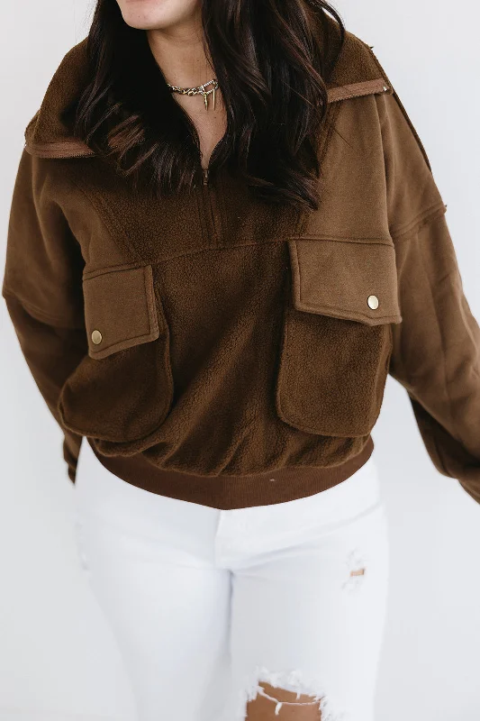 Cozy pajama sets with fitted pants-Brylane Quarter Zip Pullover - Brown