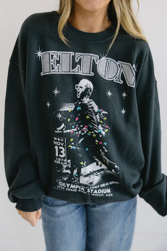 Women's pajama sets for relaxation and sleep-Elton John Olympia Stadium Crewneck - Vintage Black