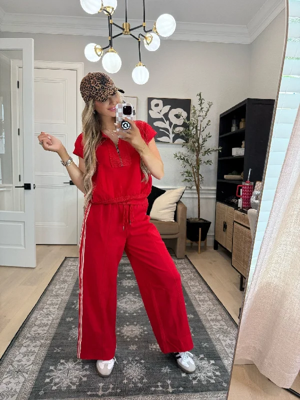 Silk women's pajama sets-Red Contrast Athletic Pants