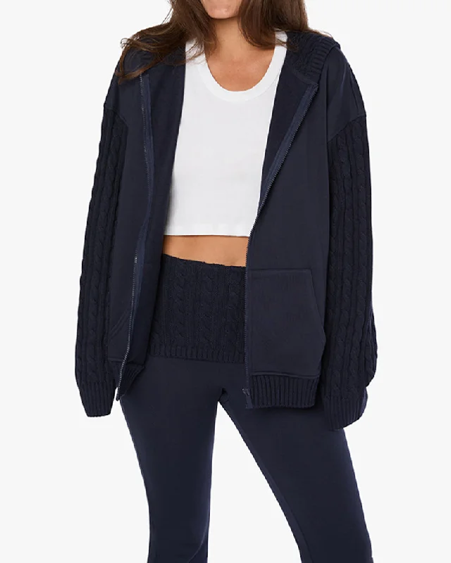Plus size women's pajama sets-Cable Knit Sleeve Zip Up Hoodie