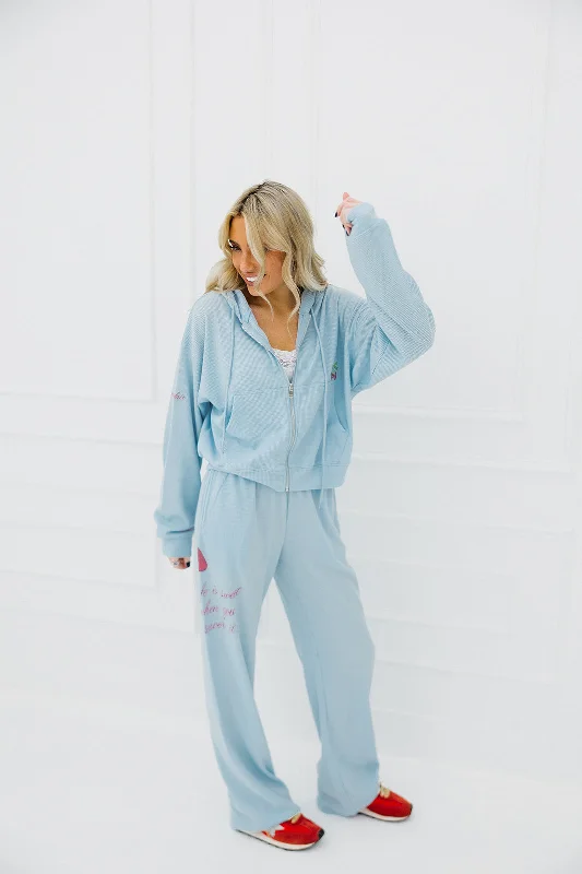 Soft cotton pajama sets for relaxing-Life Is Sweet Waffle Wide Leg Sweatpants - Soft Blue