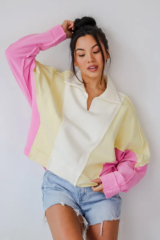 Women's pajama sets for relaxing at home-Lucky Cutie Pink Color Block Collared Pullover