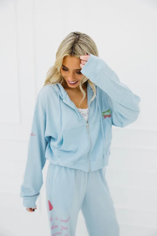 Cute pajama sets for cozy nights in-Life Is Sweet Waffle Zip-Up Hoodie - Soft Blue