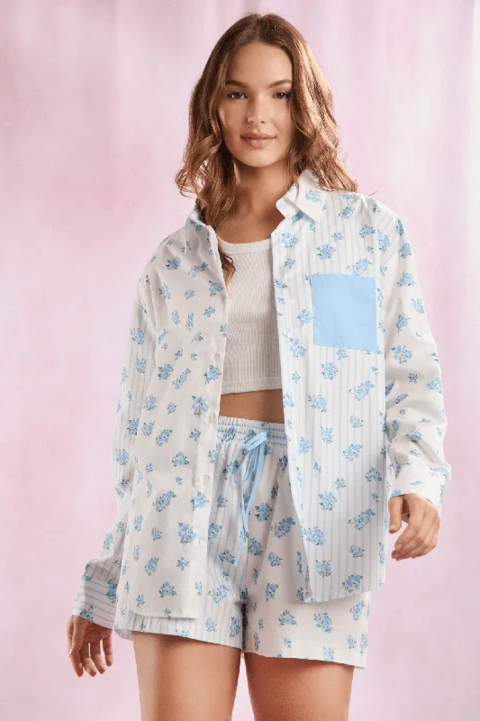 Pajama sets with comfy top and bottoms-Stripe and floral mixed cotton poplin shirt
