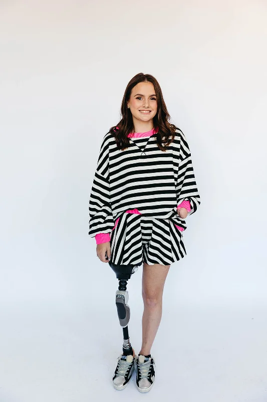 Women's pajama sets for warm weather-Cozy Stripe Set - Black/Pink