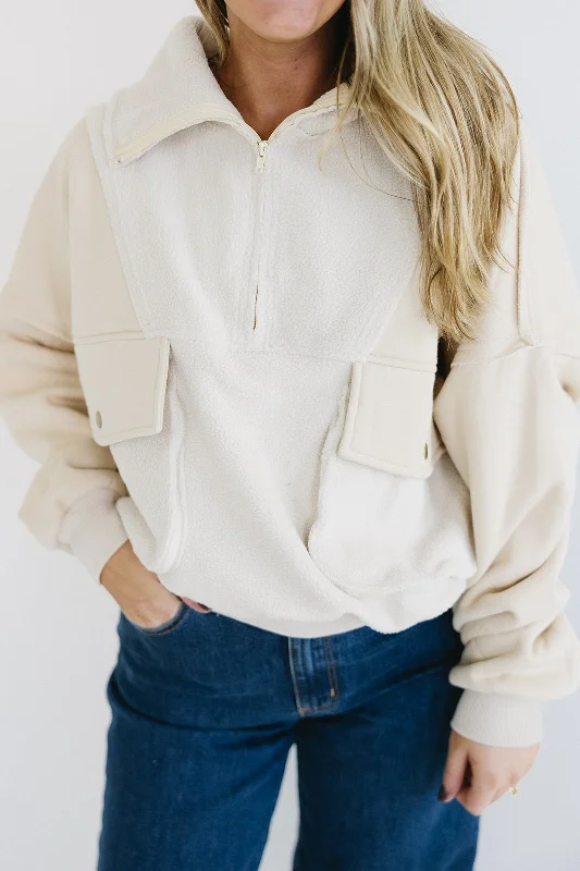 Soft cotton pajama sets for relaxing-Brylane Quarter Zip Pullover - Cream