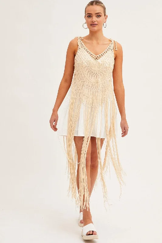 Sexy lingerie for elegant seduction-Beige Crochet Beach Pullover Dress Cover Up