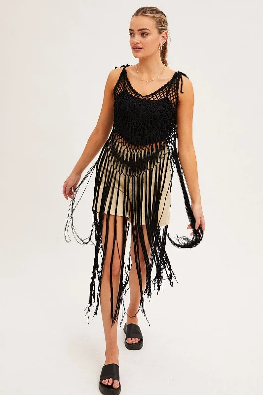Sexy lingerie for enhancing natural curves-Black Crochet Beach Pullover Dress Cover Up