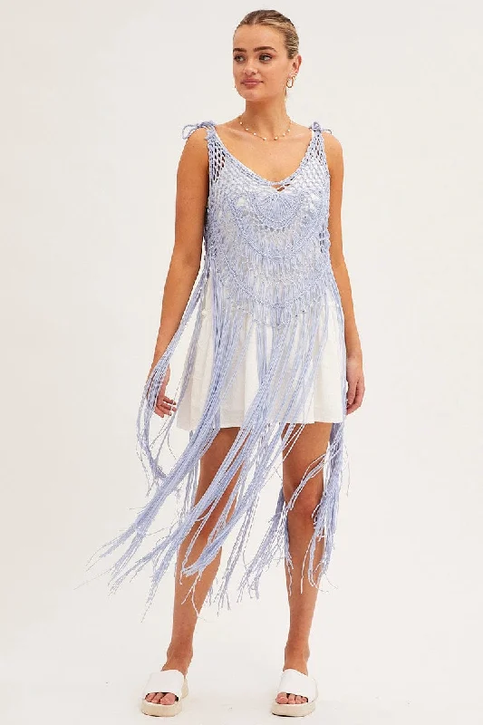 Sexy lingerie for shaping thighs and waist-Blue Crochet Beach Pullover Dress Cover Up