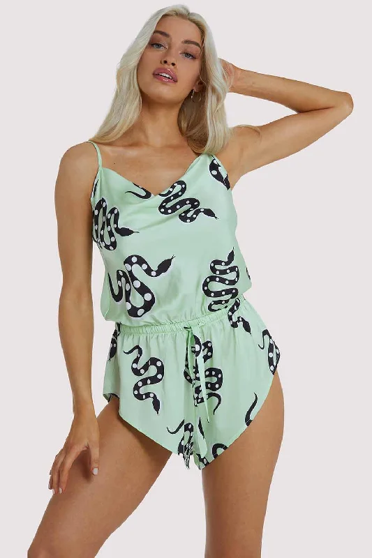 Stylish women's sleep tops with subtle details-Green Moon Snake Playsuit