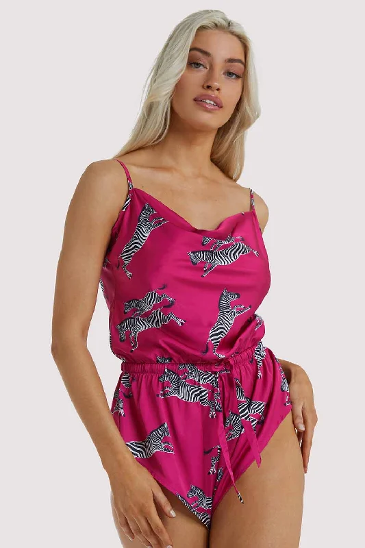 Women's sleep tops with comfortable straps-Hot Pink Zebra Playsuit