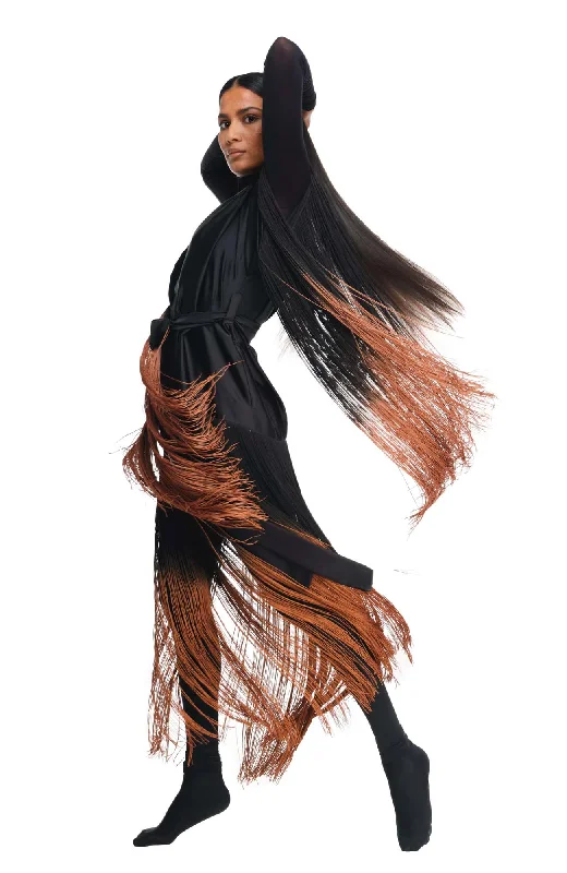Comfortable women's sleep tops for lounging-1749 / Anatta Fringe Kimono / Black Ombre