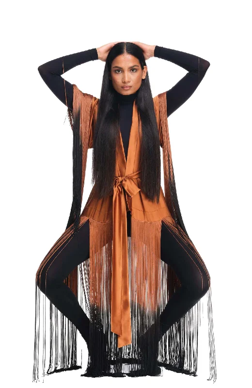 Women's sleep tops with adjustable straps-1749 / Anatta Fringe Kimono / Ochre Ombre