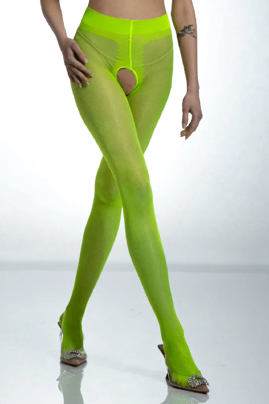 Bustiers and corsets with satin finish-Crotchless Fluo Yellow Gloss Tights 20 Denier