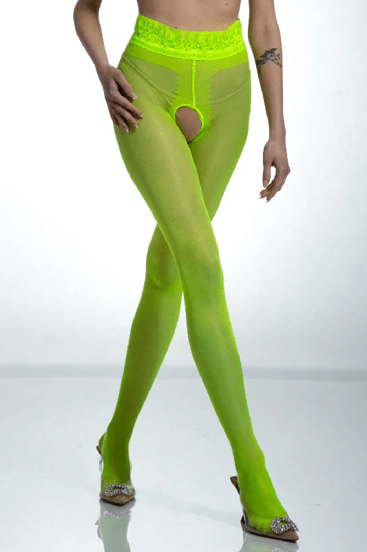 Bustiers and corsets for a chic look-Crotchless Fluo Yellow Lace Tights 30 Denier