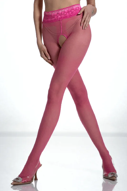 Bustiers and corsets for perfecting curves-Crotchless Pink Bonbon Lace Tights 30 Denier