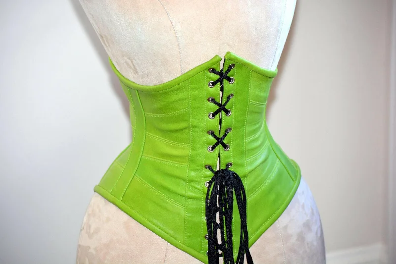 Bustiers and corsets for slimming under clothes-Authentic trendy green steel boned underbust leather corset. Trendy fashion green belt from leather