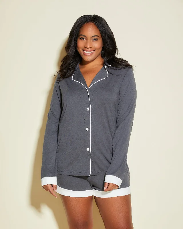 Soft cotton women's sleep tops for easy fit-Long Sleeve Top & Boxer Pajama Set