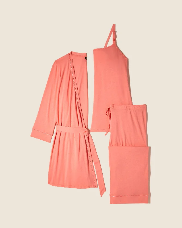 Soft cotton sleep tops with relaxed design-Nursing 3 Piece Pajama Set With Robe