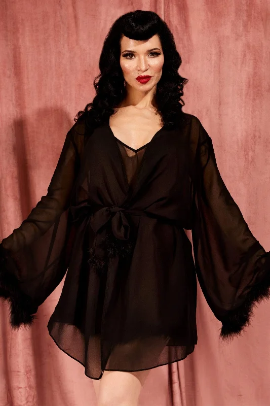 Soft women's sleep tops for laid-back evenings-Black Feather Robe