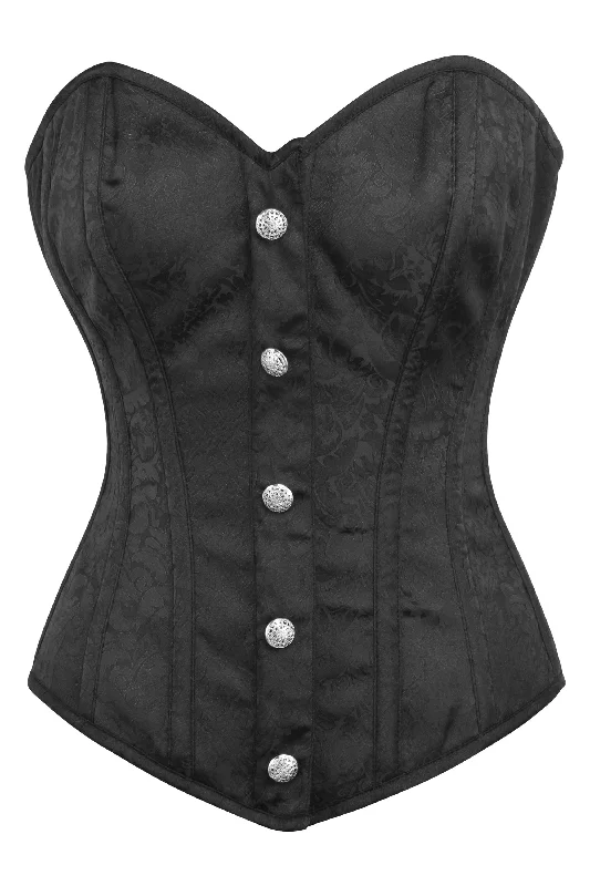 Bustiers and corsets for shaping and support-Black Brocade Overbust Corset with Front Zip and Button Detailing Bustiers and corsets for shaping and support-Black Brocade Overbust Corset with Front Zip and Button Detailing