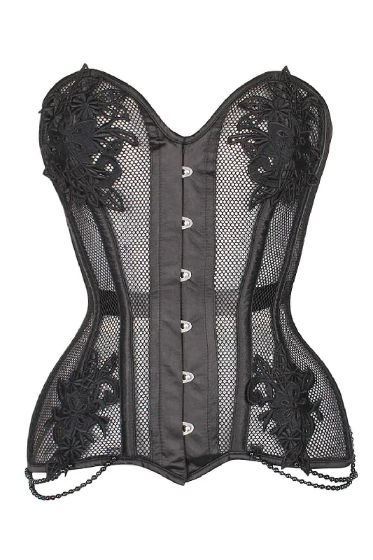 Bustiers and corsets for hourglass shape-Black Mesh and Lace Appliqué Waist Taming Overbust Corset Bustiers and corsets for hourglass shape-Black Mesh and Lace Appliqué Waist Taming Overbust Corset
