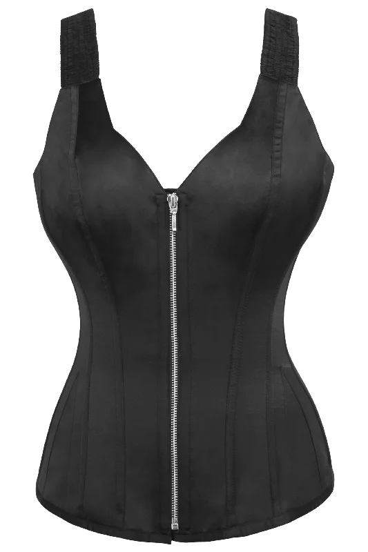 Bustiers and corsets for slimming body effect-Black Satin Overbust Corset with Shoulder Straps and Zip Bustiers and corsets for slimming body effect-Black Satin Overbust Corset with Shoulder Straps and Zip