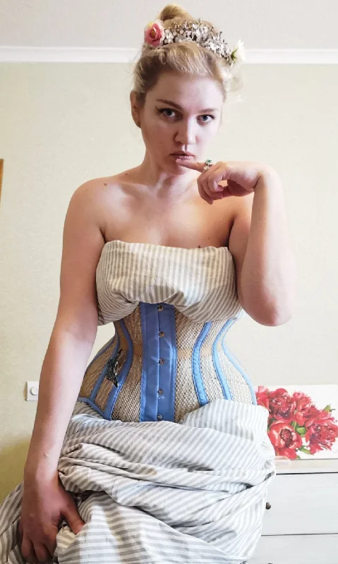 Bustiers and corsets with lace-up back-Blue and beige steel boned underbust corset from mesh. Authentic corset for tight lacing