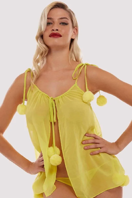 Stylish women's sleep tops for nightwear-Chartreuse Dolores Pom Pom Chemise