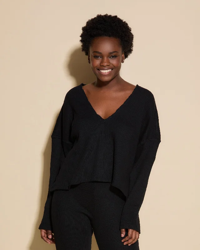 Relaxed women's sleep tops for lazy days-Deep V Top