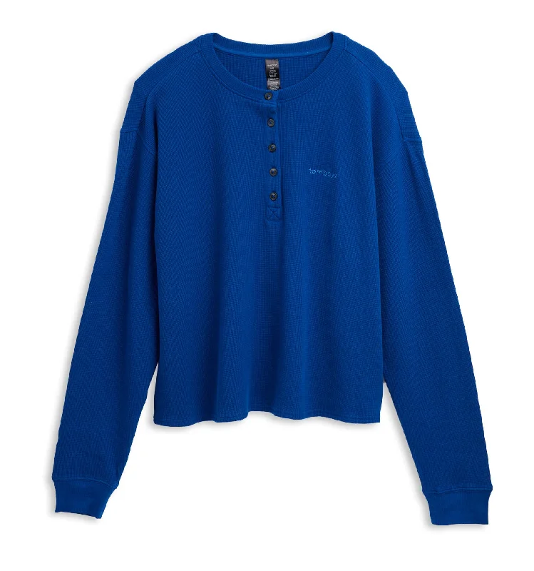 Women's sleep tops with delicate lace-Cotton Waffle Long Sleeve Henley - Royal