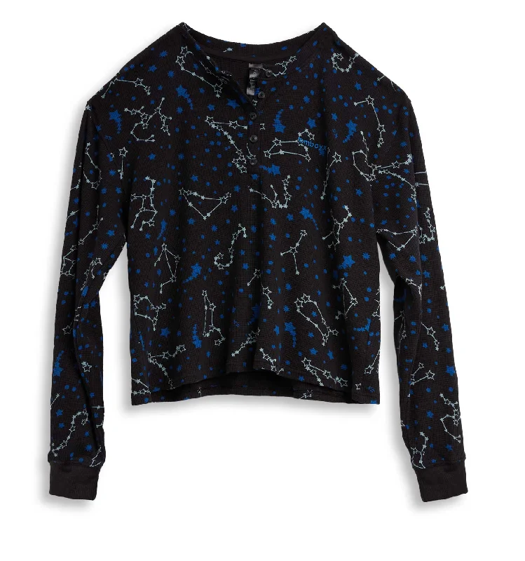 Cotton women's sleep tops for comfort-Cotton Waffle Long Sleeve Henley - Zodiac Stars