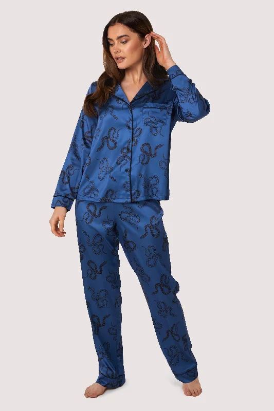 Women's sleep tops with comfortable fit-Blue Satin Snake Print Long Sleeve Pyjama Set Women's sleep tops with comfortable fit-Blue Satin Snake Print Long Sleeve Pyjama Set