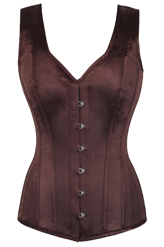 Bustiers and corsets for tummy control-Espresso V Neck Waist Taming Overbust With Straps