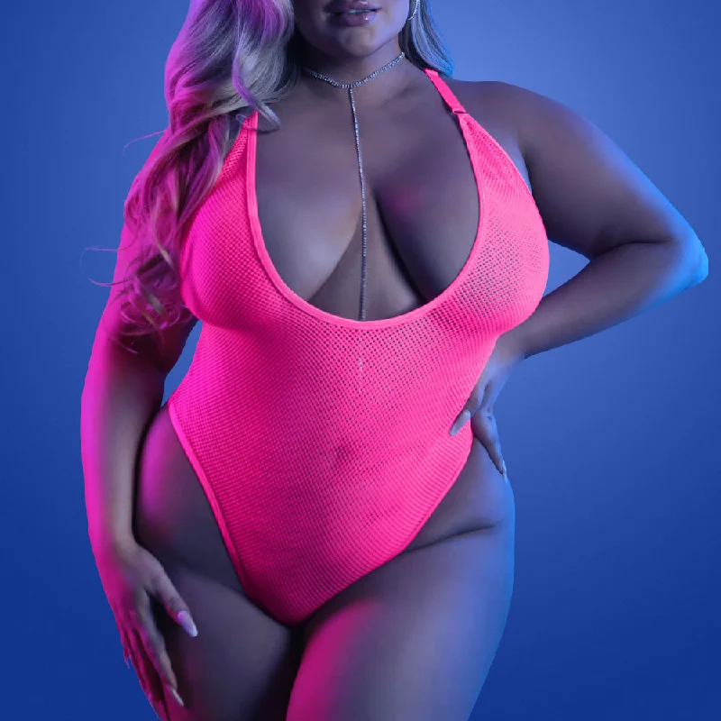 Bustiers and corsets for plus size women-Fantasy Lingerie Glow Electric Haze Plunging Net Thong Teddy - Curvy Bustiers and corsets for plus size women-Fantasy Lingerie Glow Electric Haze Plunging Net Thong Teddy - Curvy