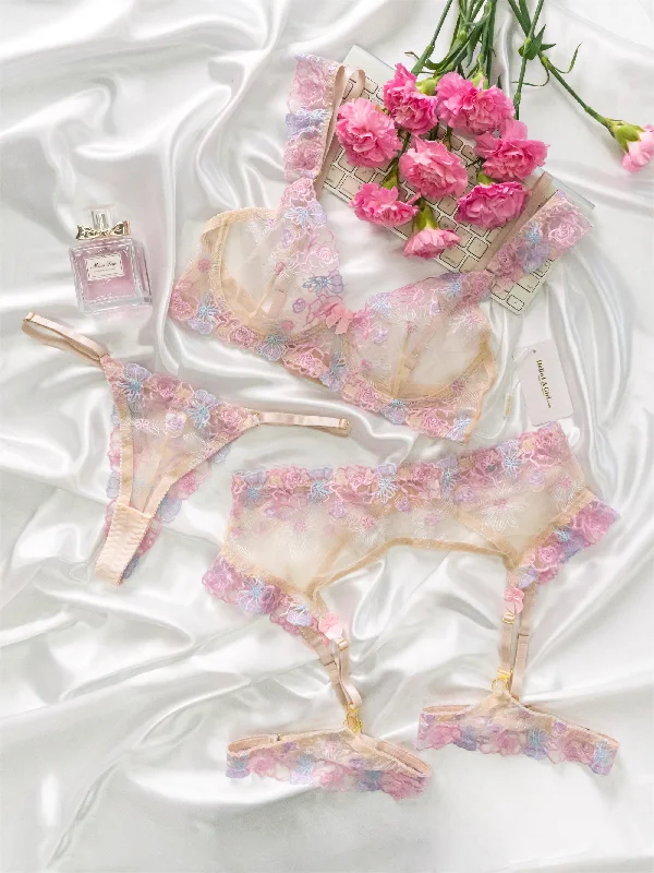 Bustiers and corsets for body contouring-Floral Embroideried Straps Ruffle Trim Lingerie Set Bustiers and corsets for body contouring-Floral Embroideried Straps Ruffle Trim Lingerie Set