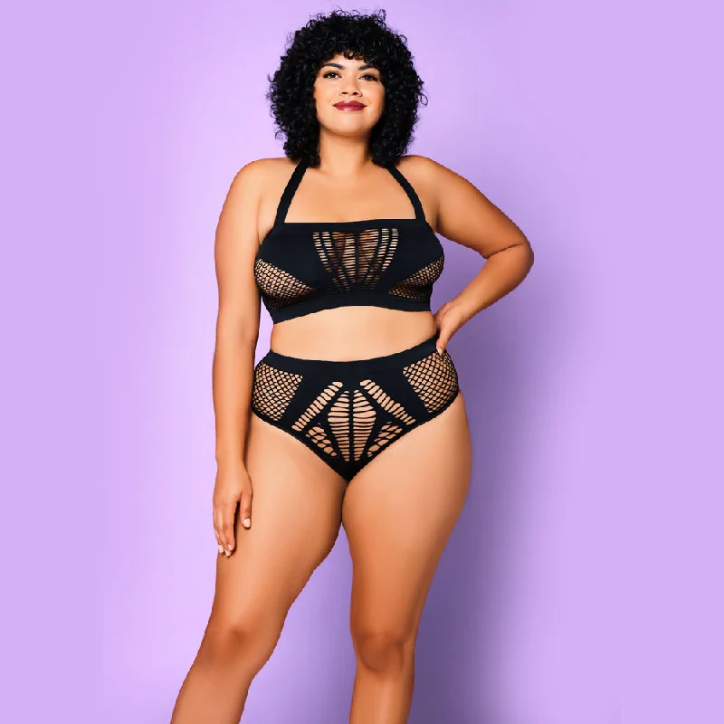 Bustiers and corsets with side zipper closure-Glitter Heart of Chaos Seamless Halter Net Lingerie Set - Curvy